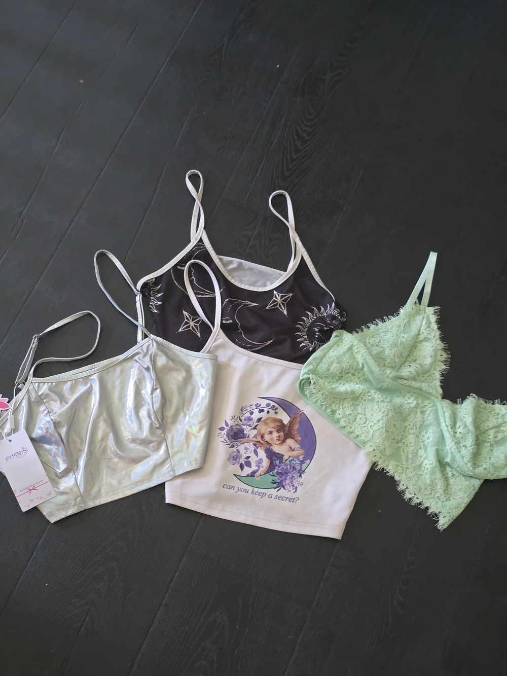 Women’s Crop Top Bundle Size Small – Y2K Angel Celestial Lace Metallic 4 Piece